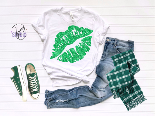 Lucky Babe Shirt | St Patricks Day Shirt for Women | Green Glitter Lips Tee | Bella Canvas 3001 | Cute Lucky Girl Shirt