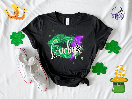 Lucky Graphic Tee Bella Canvas 3001, St Patricks Day Shirt for Women, Trendy Lucky Lips Shirt, Neon Lightning Star Top