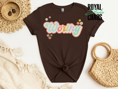 Worthy Retro Floral Graphic Tee, Self Love Shirt,Motivational Shirt for Women,Positive Message Shirt,Pastel Flower