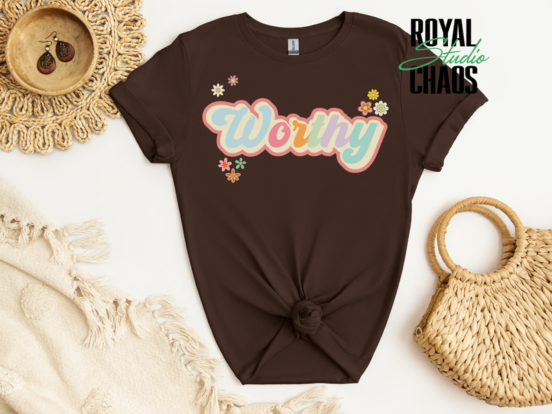 Worthy Retro Floral Graphic Tee, Self Love Shirt,Motivational Shirt for Women,Positive Message Shirt,Pastel Flower