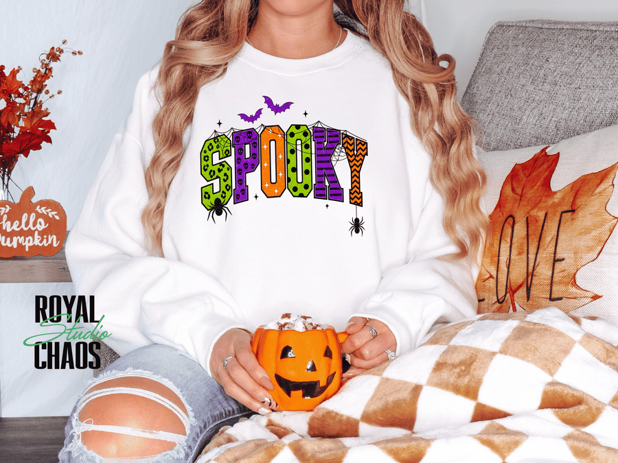 Spooky Halloween Sweatshirt | Colorful Retro Graphic Crewneck | Gildan 18000 Halloween Sweatshirt for Women | Spooky Season Gift