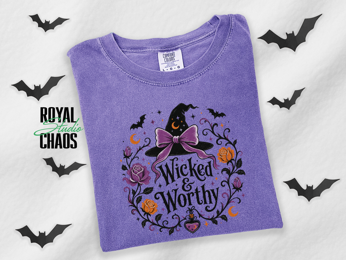 Wicked & Worthy Halloween T-Shirt — Witch Hat Floral Pumpkin Design | Comfort Colors T-Shirt | Witchy Halloween Graphic Tee