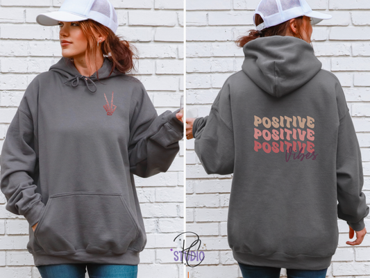 Positive Vibes Hoodie with Skeleton Peace Sign | Retro Back Print Sweatshirt | Edgy Vibes Gift | Trendy Aesthetic Hoodie | Good Energy