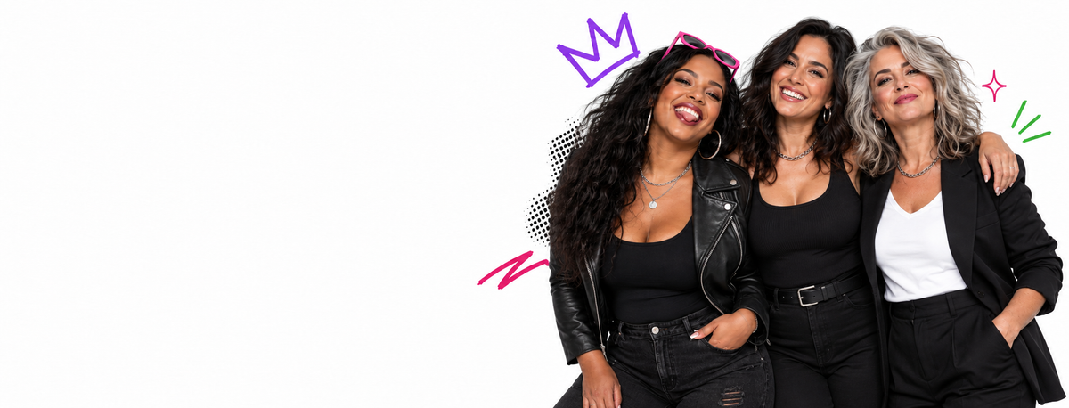 Three confident adult women representing multiple generations with refined Royal Chaos crown accents on a white background